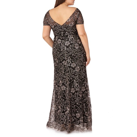 JS COLLECTIONS Salmon Pink Black Floral Embroidered Lace Trumpet Slit Gown 10 - Picture 8 of 10